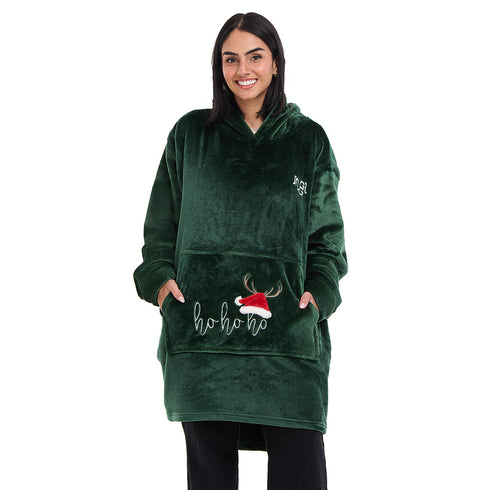 Snuggs Blanket Hoodie Dark Green Christmas Ho Ho Ho Pocket